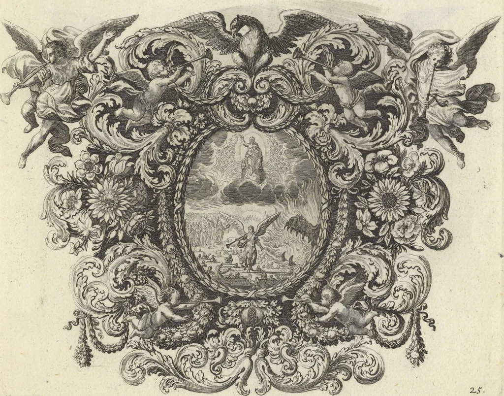 An illustration from Biblisches Engel- u. Kunst Werck : alles das jenige, was in Heiliger Göttlicher Schrifft Altes und Neuen Testaments von den heiligen Engeln Gottes ... zu finden ist ... : mit Fleiss zusammen getragen, in Kupffer gestochen und verlegt, 1705, leaf 54