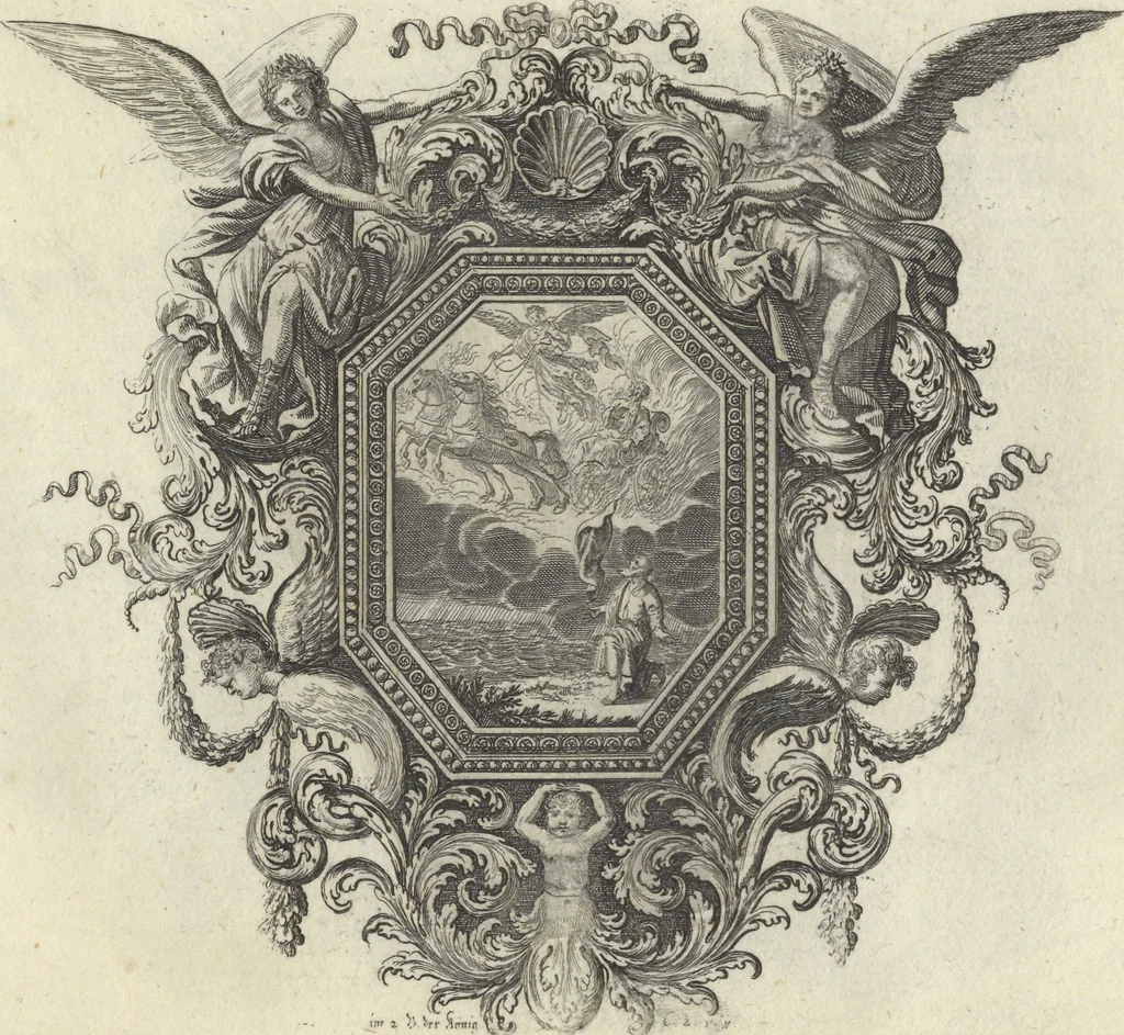An illustration from Biblisches Engel- u. Kunst Werck : alles das jenige, was in Heiliger Göttlicher Schrifft Altes und Neuen Testaments von den heiligen Engeln Gottes ... zu finden ist ... : mit Fleiss zusammen getragen, in Kupffer gestochen und verlegt, 1705, leaf 56