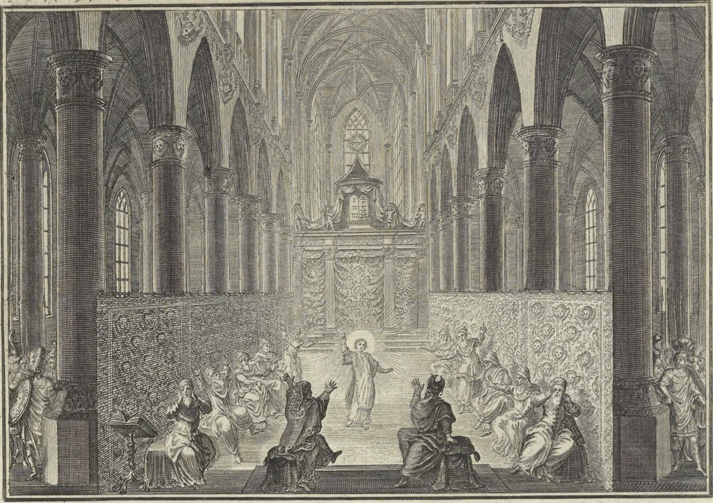 An illustration from Biblisches Engel- u. Kunst Werck : alles das jenige, was in Heiliger Göttlicher Schrifft Altes und Neuen Testaments von den heiligen Engeln Gottes ... zu finden ist ... : mit Fleiss zusammen getragen, in Kupffer gestochen und verlegt, 1705, leaf 58
