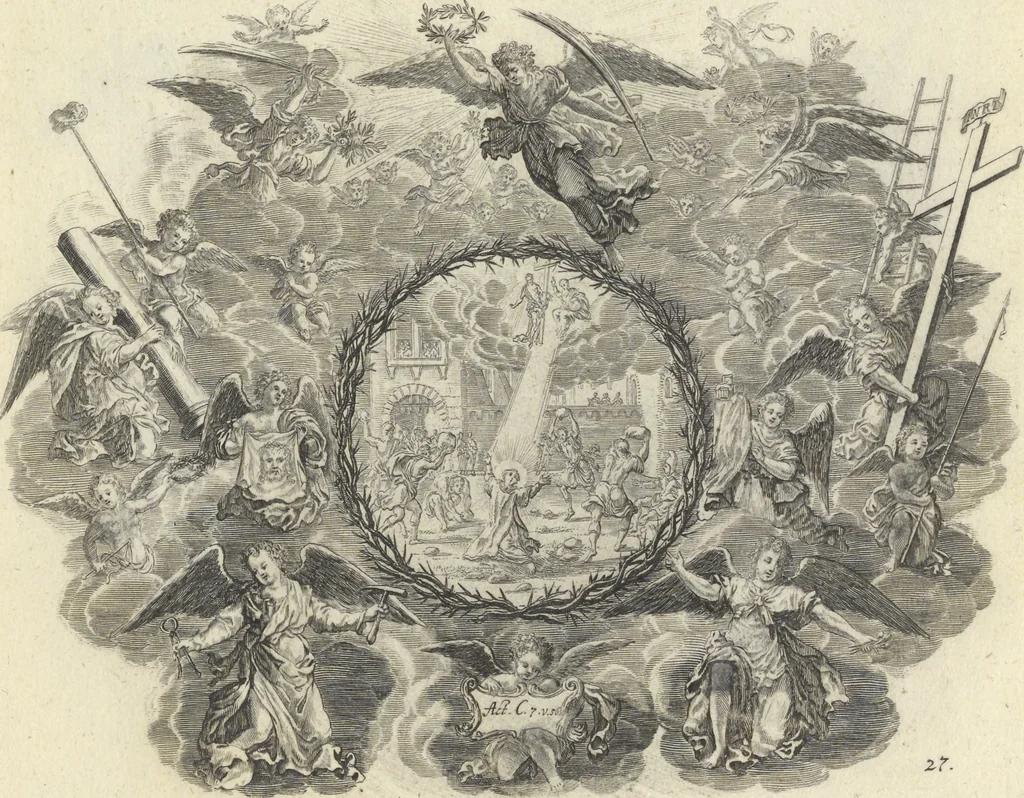 An illustration from Biblisches Engel- u. Kunst Werck : alles das jenige, was in Heiliger Göttlicher Schrifft Altes und Neuen Testaments von den heiligen Engeln Gottes ... zu finden ist ... : mit Fleiss zusammen getragen, in Kupffer gestochen und verlegt, 1705, leaf 58