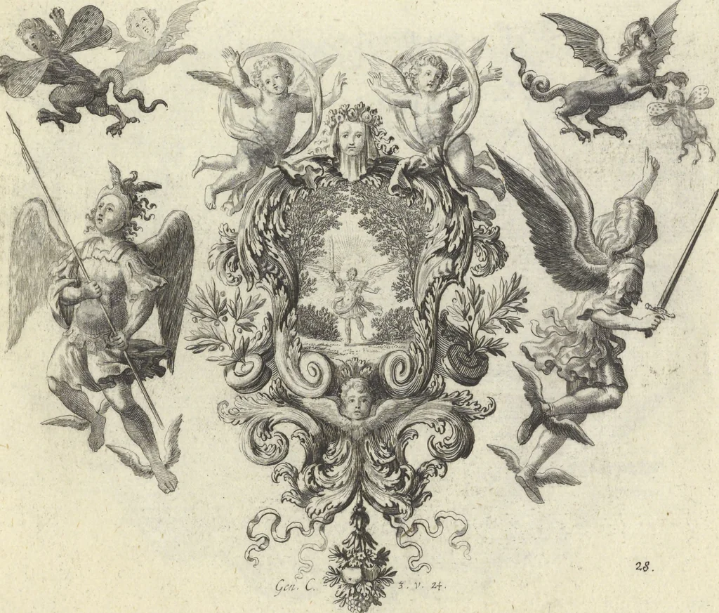 An illustration from Biblisches Engel- u. Kunst Werck : alles das jenige, was in Heiliger Göttlicher Schrifft Altes und Neuen Testaments von den heiligen Engeln Gottes ... zu finden ist ... : mit Fleiss zusammen getragen, in Kupffer gestochen und verlegt, 1705, leaf 60