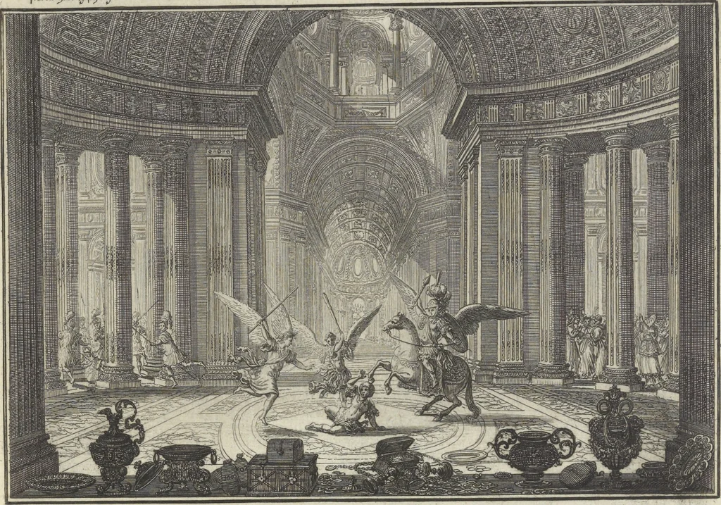 An illustration from Biblisches Engel- u. Kunst Werck : alles das jenige, was in Heiliger Göttlicher Schrifft Altes und Neuen Testaments von den heiligen Engeln Gottes ... zu finden ist ... : mit Fleiss zusammen getragen, in Kupffer gestochen und verlegt, 1705, leaf 60