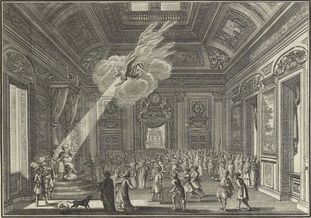 An illustration from Biblisches Engel- u. Kunst Werck : alles das jenige, was in Heiliger Göttlicher Schrifft Altes und Neuen Testaments von den heiligen Engeln Gottes ... zu finden ist ... : mit Fleiss zusammen getragen, in Kupffer gestochen und verlegt, 1705, leaf 62