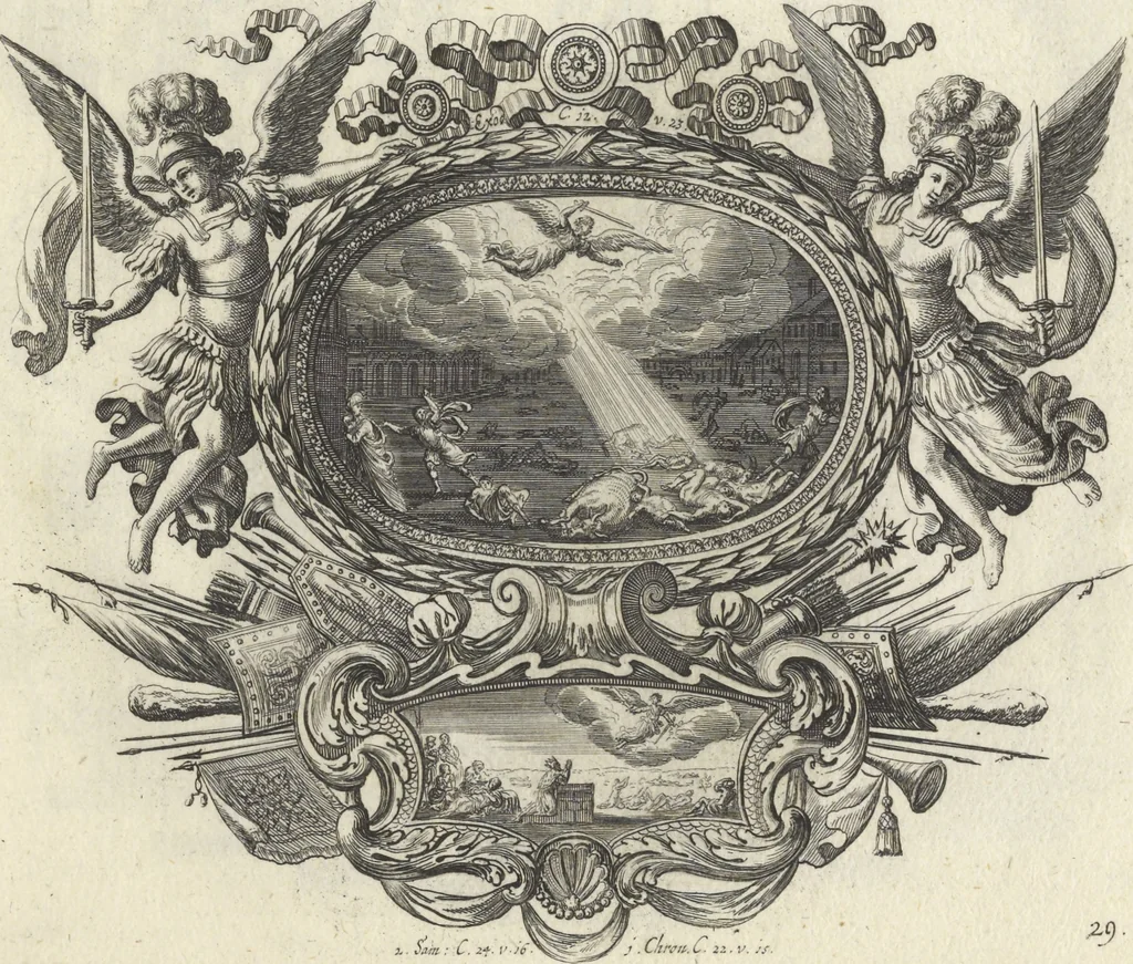 An illustration from Biblisches Engel- u. Kunst Werck : alles das jenige, was in Heiliger Göttlicher Schrifft Altes und Neuen Testaments von den heiligen Engeln Gottes ... zu finden ist ... : mit Fleiss zusammen getragen, in Kupffer gestochen und verlegt, 1705, leaf 62