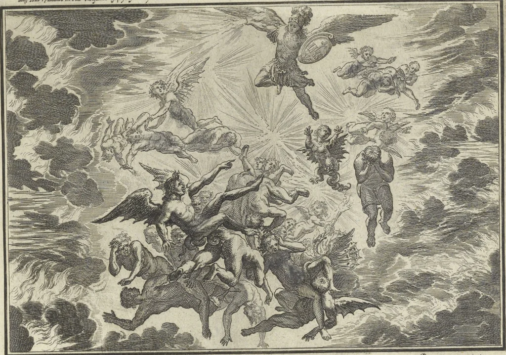 An illustration from Biblisches Engel- u. Kunst Werck : alles das jenige, was in Heiliger Göttlicher Schrifft Altes und Neuen Testaments von den heiligen Engeln Gottes ... zu finden ist ... : mit Fleiss zusammen getragen, in Kupffer gestochen und verlegt, 1705, leaf 64