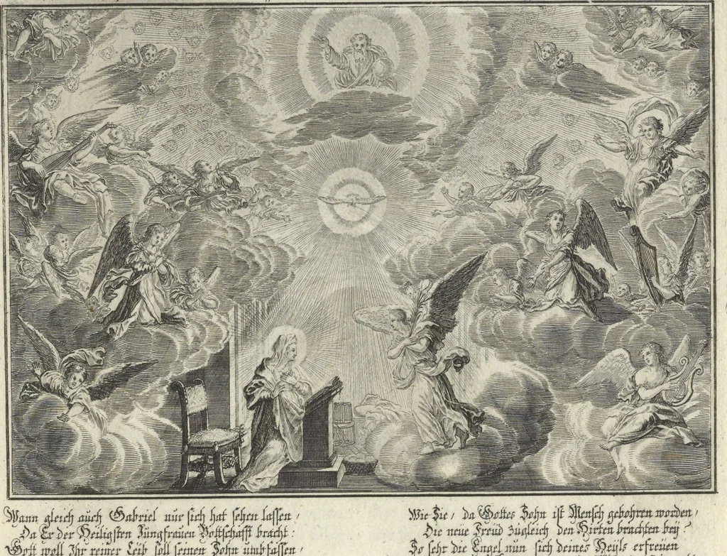 An illustration from Biblisches Engel- u. Kunst Werck : alles das jenige, was in Heiliger Göttlicher Schrifft Altes und Neuen Testaments von den heiligen Engeln Gottes ... zu finden ist ... : mit Fleiss zusammen getragen, in Kupffer gestochen und verlegt, 1705, leaf 8