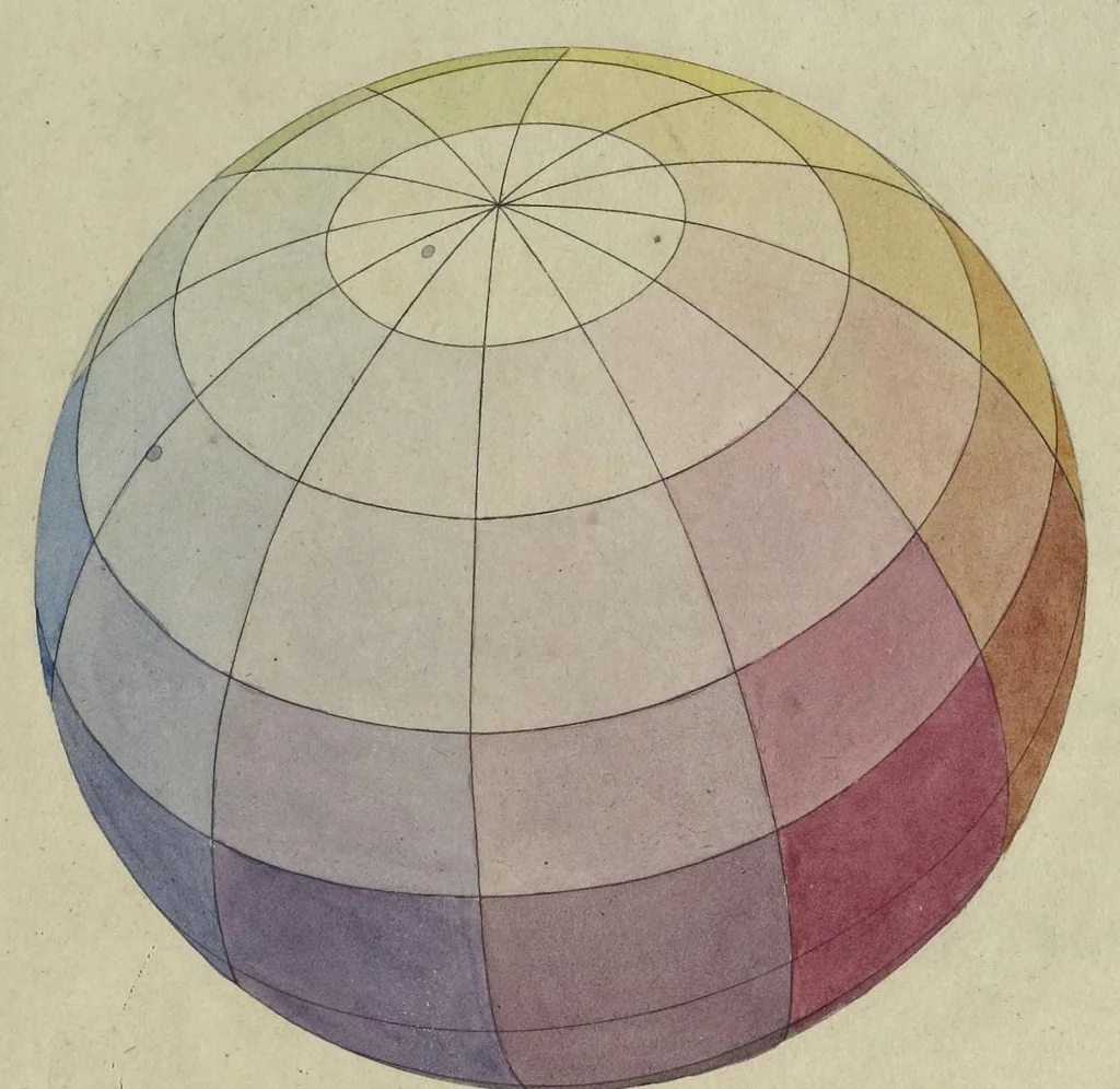 An illustration from Farben-Kugel, oder, Construction des Verhältnisses aller Mischungen der Farben zu einander, und ihrer vollständigen Affinität : mit angehängtem Versuch einer Ableitung der Harmonie in den Zusammenstellungen der Farben, 1810, leaf 24