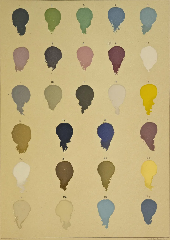 An illustration from Le mélange des couleurs enseigné par l'exemple : leçons données sur les fac-similés des oeuvres et des palettes : orangé, bleu, jaune, violet, rouge, vert, blanc, 1900, leaf 20