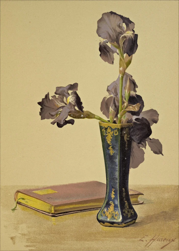 An illustration from Le mélange des couleurs enseigné par l'exemple : leçons données sur les fac-similés des oeuvres et des palettes : orangé, bleu, jaune, violet, rouge, vert, blanc, 1900, leaf 34