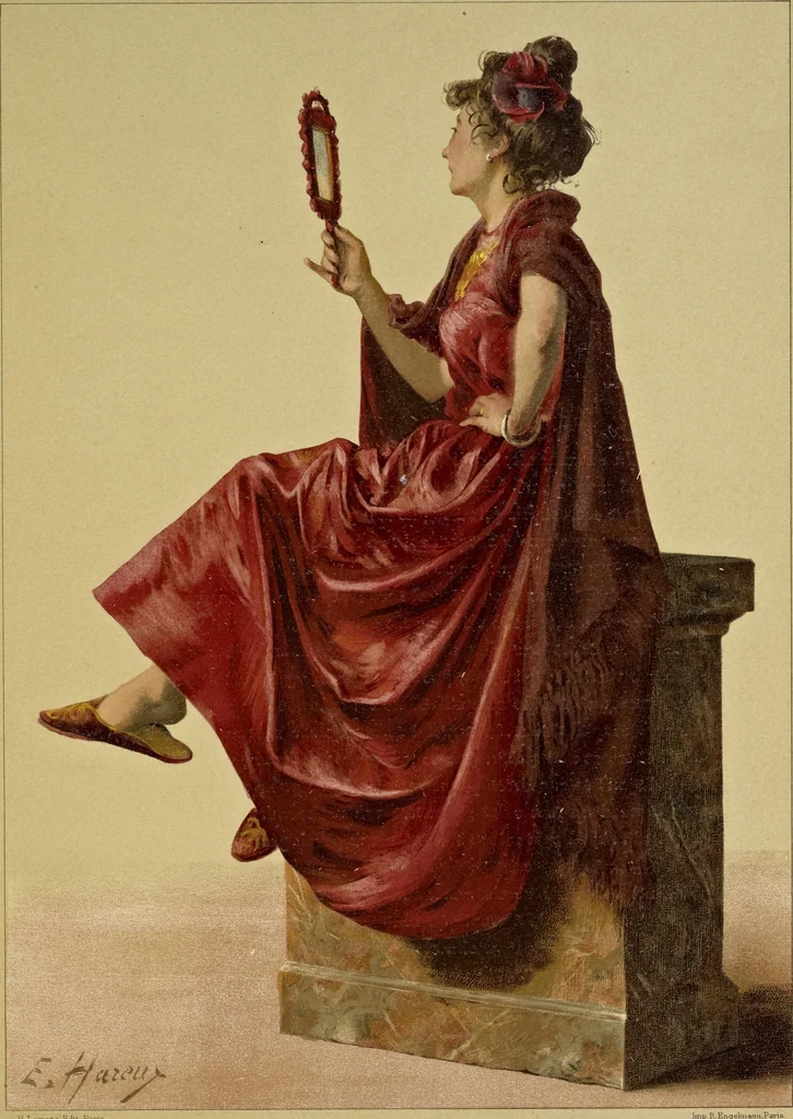 An illustration from Le mélange des couleurs enseigné par l'exemple : leçons données sur les fac-similés des oeuvres et des palettes : orangé, bleu, jaune, violet, rouge, vert, blanc, 1900, leaf 42