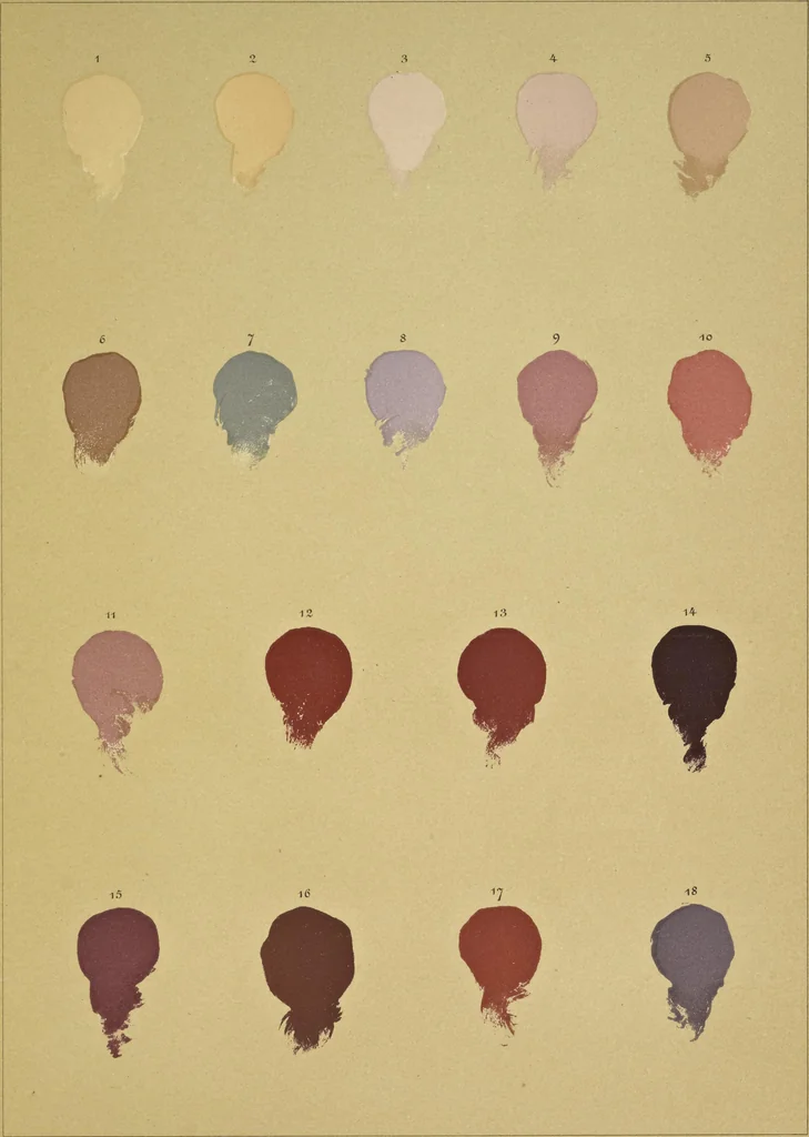An illustration from Le mélange des couleurs enseigné par l'exemple : leçons données sur les fac-similés des oeuvres et des palettes : orangé, bleu, jaune, violet, rouge, vert, blanc, 1900, leaf 44