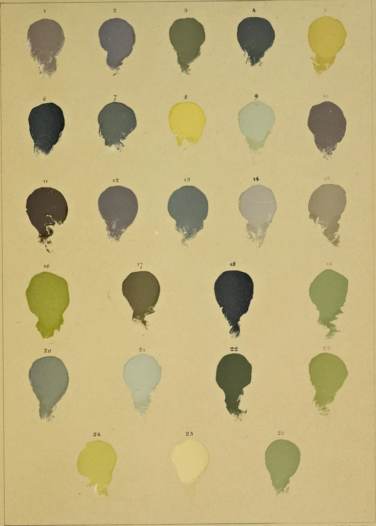 An illustration from Le mélange des couleurs enseigné par l'exemple : leçons données sur les fac-similés des oeuvres et des palettes : orangé, bleu, jaune, violet, rouge, vert, blanc, 1900, leaf 52