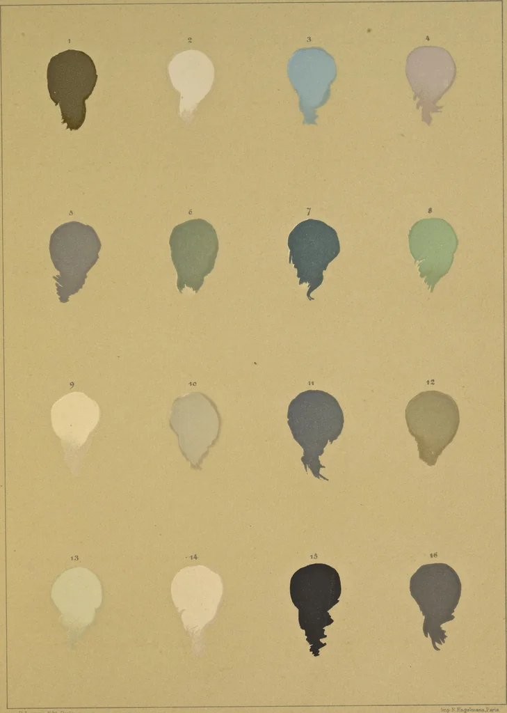 An illustration from Le mélange des couleurs enseigné par l'exemple : leçons données sur les fac-similés des oeuvres et des palettes : orangé, bleu, jaune, violet, rouge, vert, blanc, 1900, leaf 60