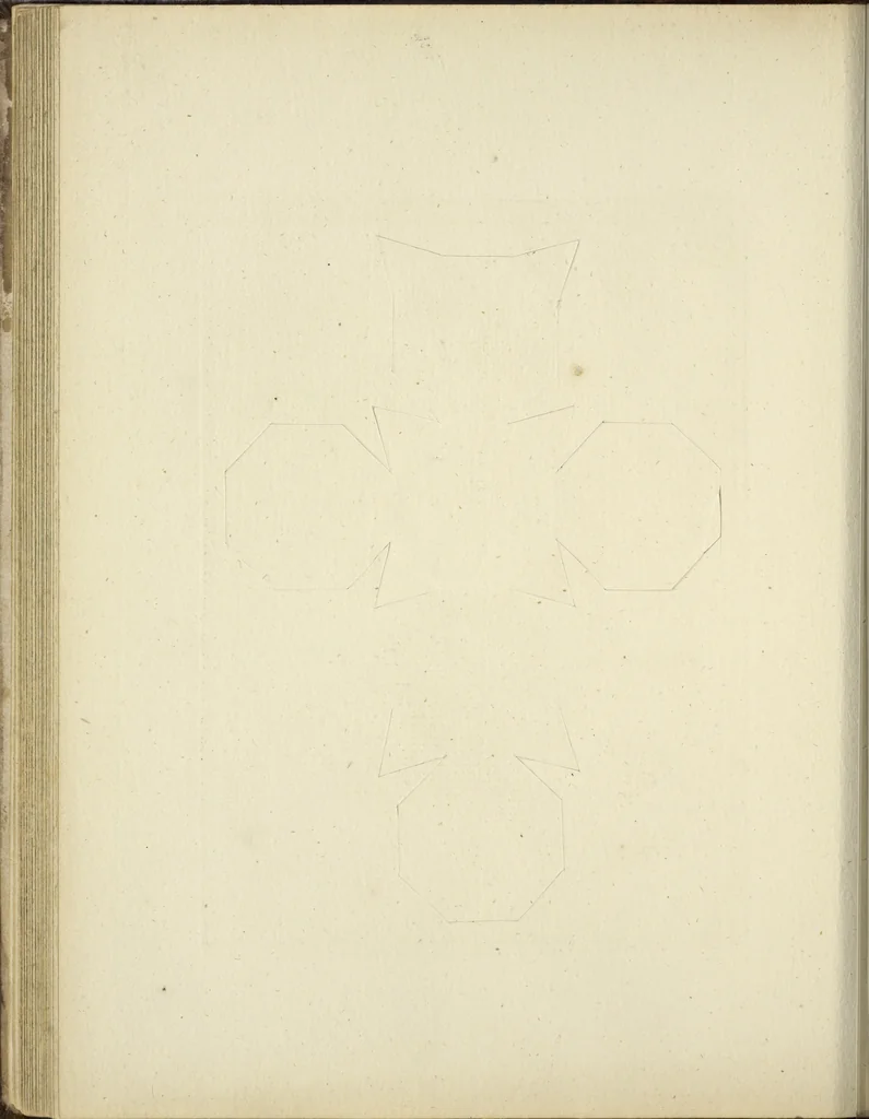 An illustration from An appendix to the Elements of Euclid, in seven books : containing forty-two moveable schemes for forming the various kinds of solids, and their sections, by which the doctrine of solids in the eleventh, twelfth, and fifteenth books of Euclid is illustrated, and rendered more easy to learners than heretofore ..., 1765, leaf 77