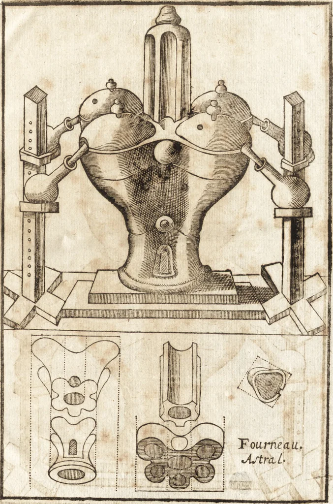 An illustration from Le vray et methodique cours de la physique resolutiue, vulgairement dite chymie : representé par figures generales & particulieres : pour connoistre la theotechnie ergocosmique, c'est à dire, l'art de Dieu, en l'ouurage de l'vniuers, 1653, leaf 150