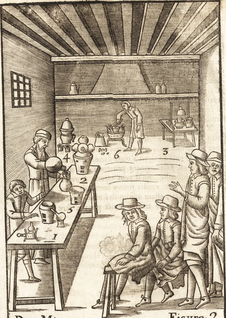 An illustration from Le vray et methodique cours de la physique resolutiue, vulgairement dite chymie : representé par figures generales & particulieres : pour connoistre la theotechnie ergocosmique, c'est à dire, l'art de Dieu, en l'ouurage de l'vniuers, 1653, leaf 479