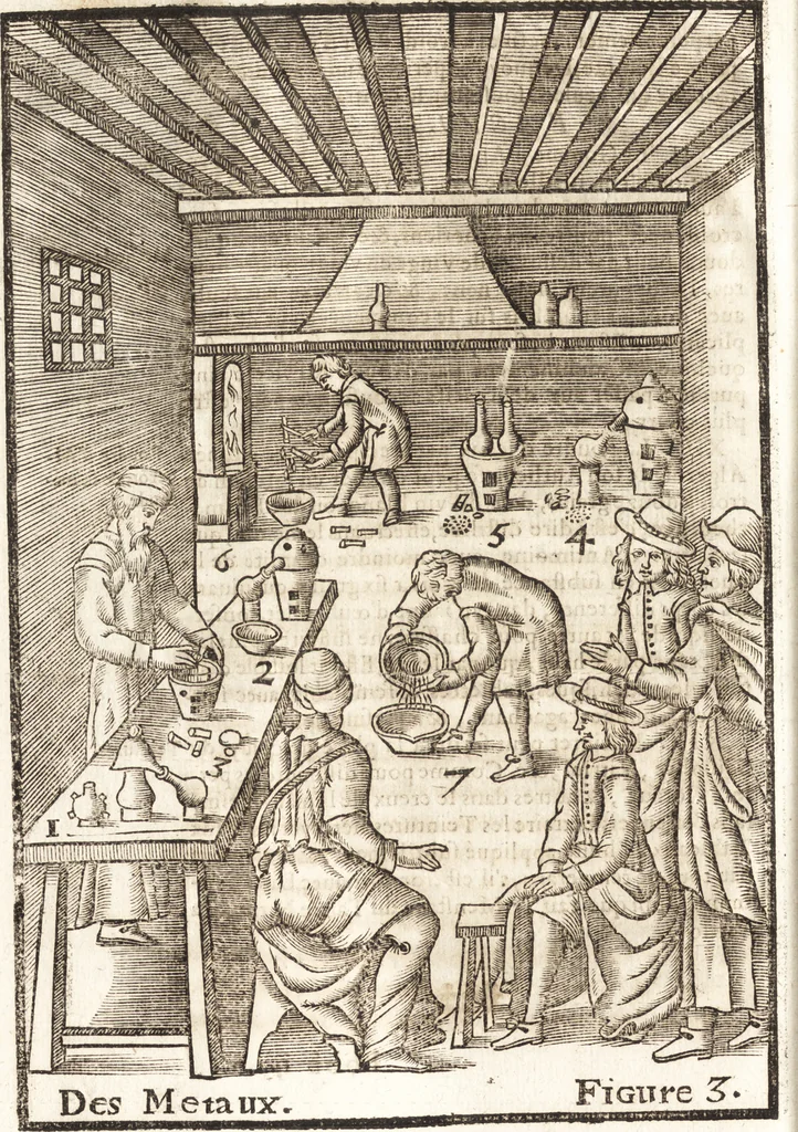 An illustration from Le vray et methodique cours de la physique resolutiue, vulgairement dite chymie : representé par figures generales & particulieres : pour connoistre la theotechnie ergocosmique, c'est à dire, l'art de Dieu, en l'ouurage de l'vniuers, 1653, leaf 585