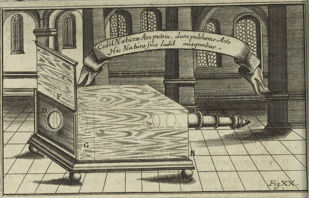 An illustration from Oculus artificialis teledioptricus, sive, Telescopium : ex abditis rerum naturalium & artificialium principiis protractum novâ methodo, eâque solidâ explicatum ac comprimis è triplici fundamento physico seu naturali, mathematico dioptrico et mechanico, seu practico stabilitum ..., 1685, leaf 203