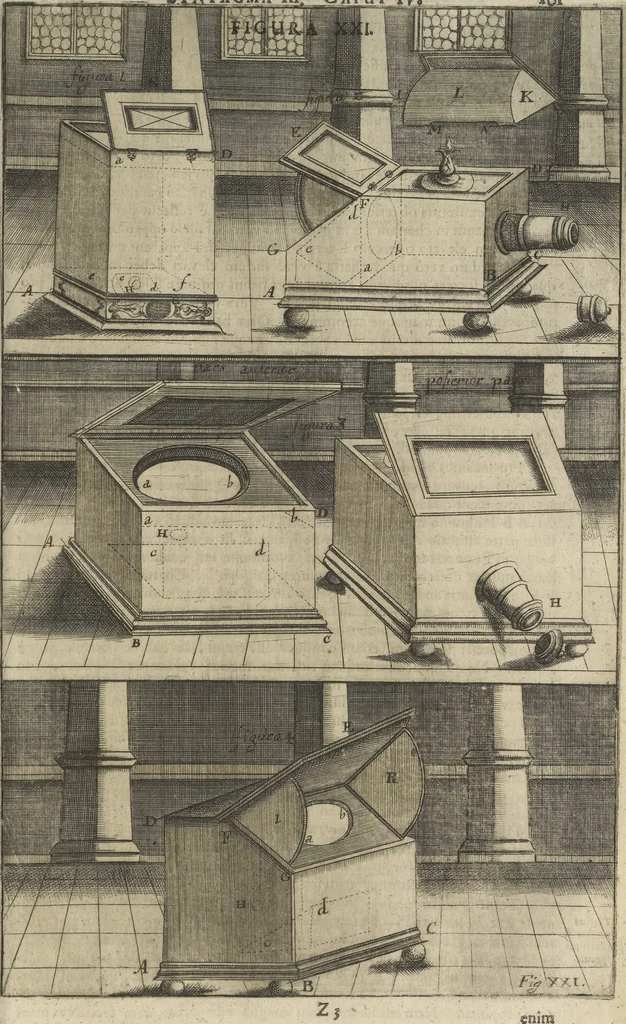 An illustration from Oculus artificialis teledioptricus, sive, Telescopium : ex abditis rerum naturalium & artificialium principiis protractum novâ methodo, eâque solidâ explicatum ac comprimis è triplici fundamento physico seu naturali, mathematico dioptrico et mechanico, seu practico stabilitum ..., 1685, leaf 208