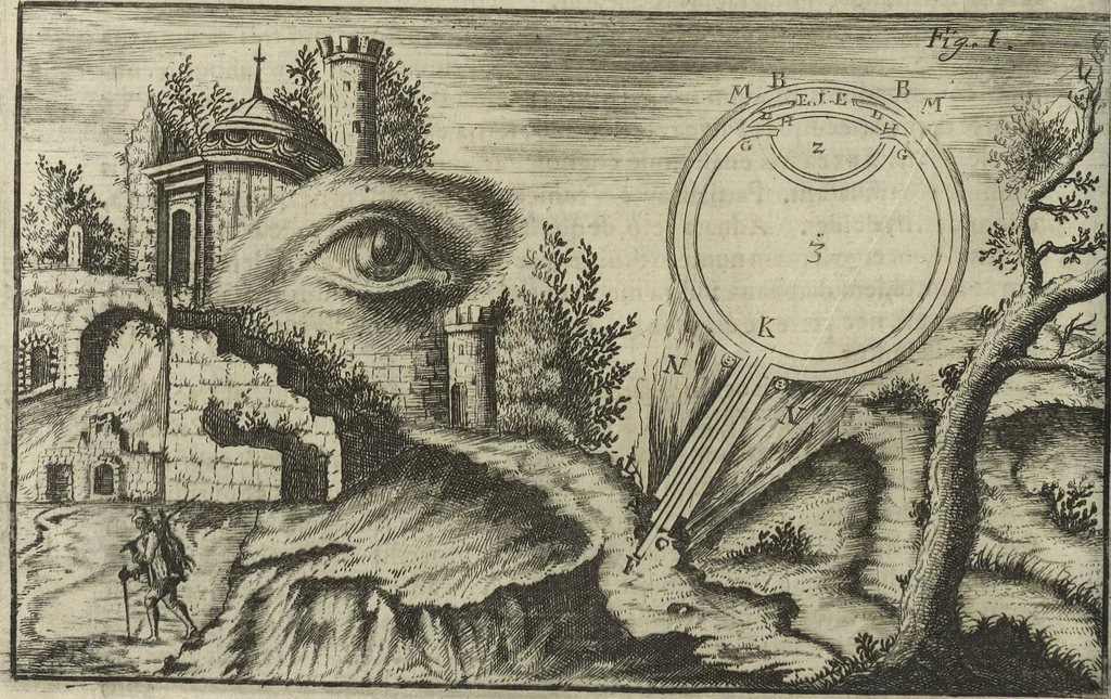An illustration from Oculus artificialis teledioptricus, sive, Telescopium : ex abditis rerum naturalium & artificialium principiis protractum novâ methodo, eâque solidâ explicatum ac comprimis è triplici fundamento physico seu naturali, mathematico dioptrico et mechanico, seu practico stabilitum ..., 1685, leaf 39