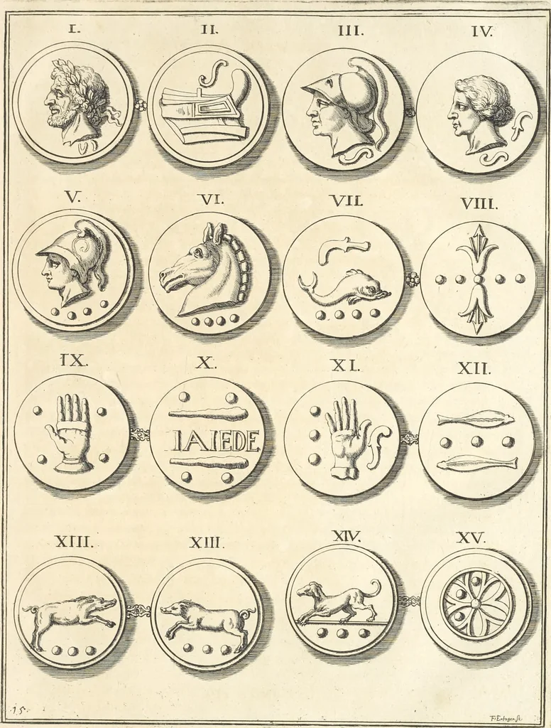 An illustration from Le cabinet de la Bibliotheque de Sainte Genevieve : divisé en deux parties : contenant les antiquitez de la réligion des chrétiens, des Egyptiens, & des Romains; des tombeaux, des poids & des médailles; de monnoyes, des pierres antiques gravées, & des mineraux ..., 1692, leaf 102