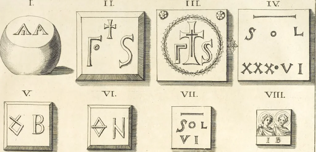 An illustration from Le cabinet de la Bibliotheque de Sainte Genevieve : divisé en deux parties : contenant les antiquitez de la réligion des chrétiens, des Egyptiens, & des Romains; des tombeaux, des poids & des médailles; de monnoyes, des pierres antiques gravées, & des mineraux ..., 1692, leaf 120