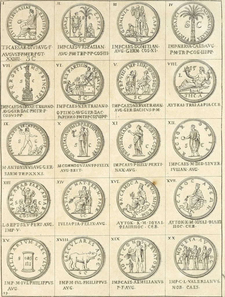 An illustration from Le cabinet de la Bibliotheque de Sainte Genevieve : divisé en deux parties : contenant les antiquitez de la réligion des chrétiens, des Egyptiens, & des Romains; des tombeaux, des poids & des médailles; de monnoyes, des pierres antiques gravées, & des mineraux ..., 1692, leaf 128