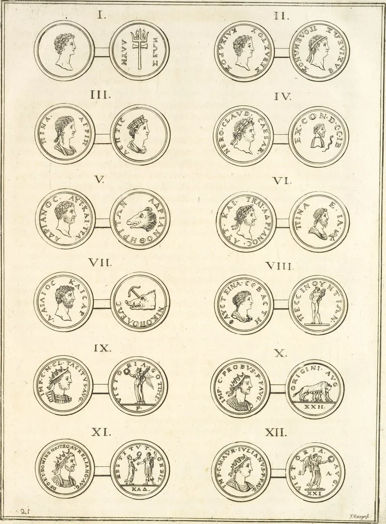 An illustration from Le cabinet de la Bibliotheque de Sainte Genevieve : divisé en deux parties : contenant les antiquitez de la réligion des chrétiens, des Egyptiens, & des Romains; des tombeaux, des poids & des médailles; de monnoyes, des pierres antiques gravées, & des mineraux ..., 1692, leaf 144