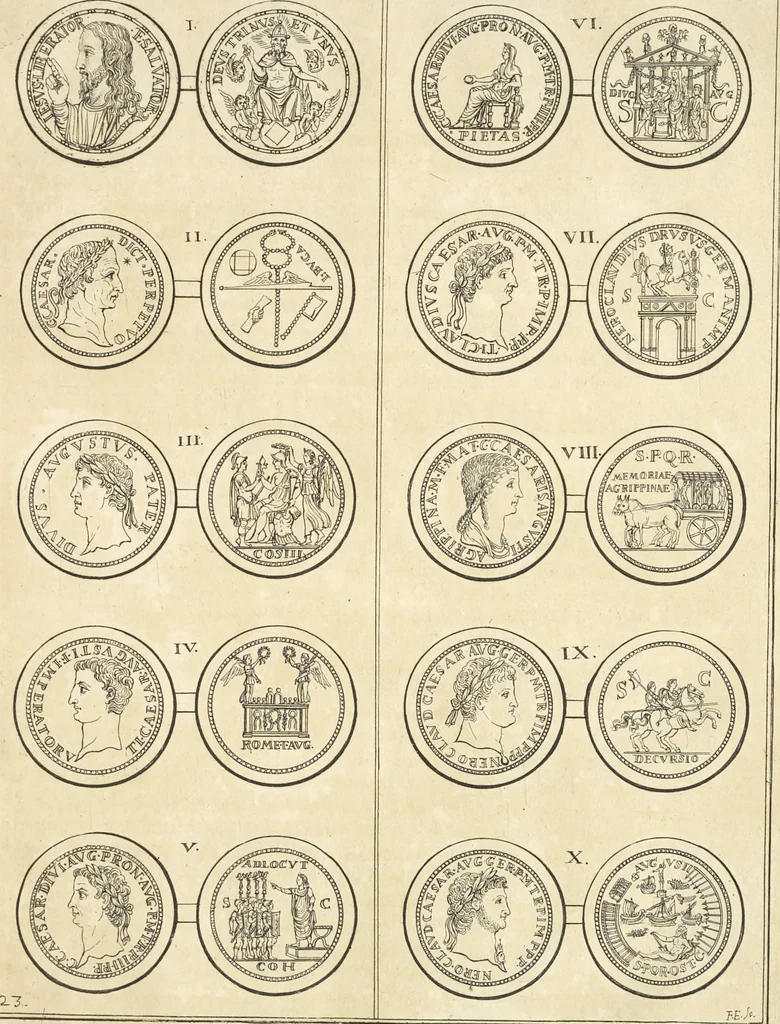 An illustration from Le cabinet de la Bibliotheque de Sainte Genevieve : divisé en deux parties : contenant les antiquitez de la réligion des chrétiens, des Egyptiens, & des Romains; des tombeaux, des poids & des médailles; de monnoyes, des pierres antiques gravées, & des mineraux ..., 1692, leaf 160