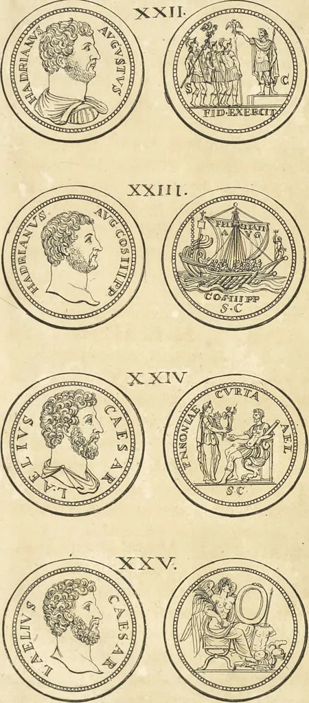 An illustration from Le cabinet de la Bibliotheque de Sainte Genevieve : divisé en deux parties : contenant les antiquitez de la réligion des chrétiens, des Egyptiens, & des Romains; des tombeaux, des poids & des médailles; de monnoyes, des pierres antiques gravées, & des mineraux ..., 1692, leaf 174