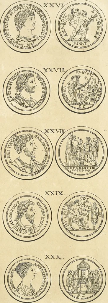An illustration from Le cabinet de la Bibliotheque de Sainte Genevieve : divisé en deux parties : contenant les antiquitez de la réligion des chrétiens, des Egyptiens, & des Romains; des tombeaux, des poids & des médailles; de monnoyes, des pierres antiques gravées, & des mineraux ..., 1692, leaf 174