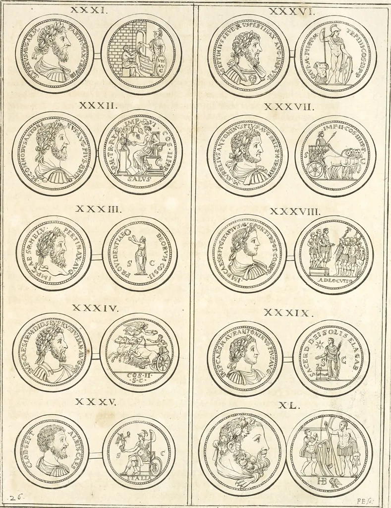 An illustration from Le cabinet de la Bibliotheque de Sainte Genevieve : divisé en deux parties : contenant les antiquitez de la réligion des chrétiens, des Egyptiens, & des Romains; des tombeaux, des poids & des médailles; de monnoyes, des pierres antiques gravées, & des mineraux ..., 1692, leaf 178