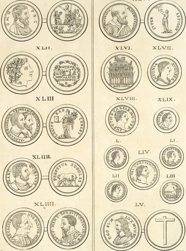 An illustration from Le cabinet de la Bibliotheque de Sainte Genevieve : divisé en deux parties : contenant les antiquitez de la réligion des chrétiens, des Egyptiens, & des Romains; des tombeaux, des poids & des médailles; de monnoyes, des pierres antiques gravées, & des mineraux ..., 1692, leaf 186