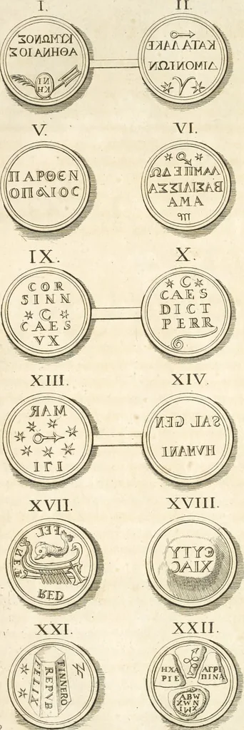 An illustration from Le cabinet de la Bibliotheque de Sainte Genevieve : divisé en deux parties : contenant les antiquitez de la réligion des chrétiens, des Egyptiens, & des Romains; des tombeaux, des poids & des médailles; de monnoyes, des pierres antiques gravées, & des mineraux ..., 1692, leaf 194