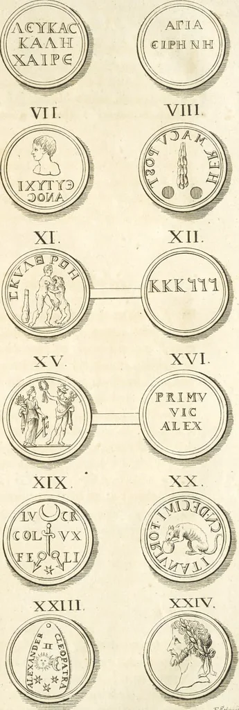 An illustration from Le cabinet de la Bibliotheque de Sainte Genevieve : divisé en deux parties : contenant les antiquitez de la réligion des chrétiens, des Egyptiens, & des Romains; des tombeaux, des poids & des médailles; de monnoyes, des pierres antiques gravées, & des mineraux ..., 1692, leaf 194