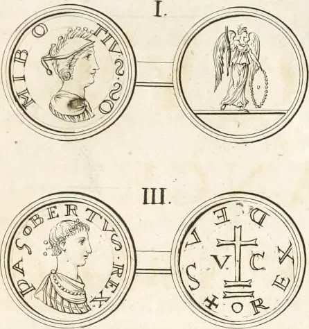 An illustration from Le cabinet de la Bibliotheque de Sainte Genevieve : divisé en deux parties : contenant les antiquitez de la réligion des chrétiens, des Egyptiens, & des Romains; des tombeaux, des poids & des médailles; de monnoyes, des pierres antiques gravées, & des mineraux ..., 1692, leaf 226