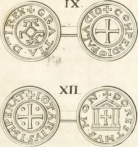 An illustration from Le cabinet de la Bibliotheque de Sainte Genevieve : divisé en deux parties : contenant les antiquitez de la réligion des chrétiens, des Egyptiens, & des Romains; des tombeaux, des poids & des médailles; de monnoyes, des pierres antiques gravées, & des mineraux ..., 1692, leaf 226