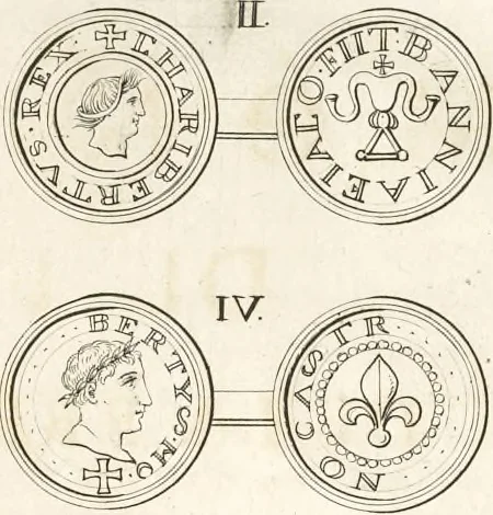 An illustration from Le cabinet de la Bibliotheque de Sainte Genevieve : divisé en deux parties : contenant les antiquitez de la réligion des chrétiens, des Egyptiens, & des Romains; des tombeaux, des poids & des médailles; de monnoyes, des pierres antiques gravées, & des mineraux ..., 1692, leaf 226