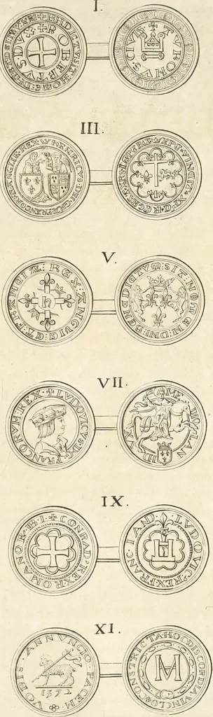 An illustration from Le cabinet de la Bibliotheque de Sainte Genevieve : divisé en deux parties : contenant les antiquitez de la réligion des chrétiens, des Egyptiens, & des Romains; des tombeaux, des poids & des médailles; de monnoyes, des pierres antiques gravées, & des mineraux ..., 1692, leaf 236