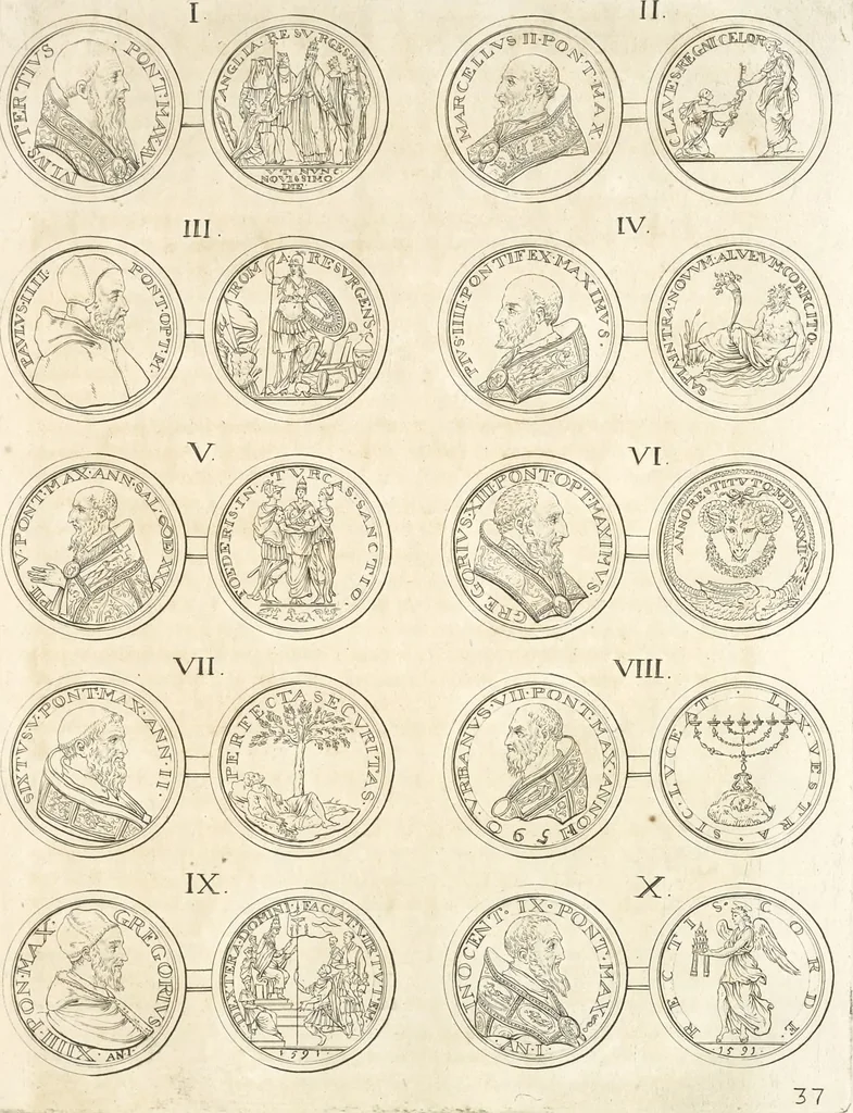 An illustration from Le cabinet de la Bibliotheque de Sainte Genevieve : divisé en deux parties : contenant les antiquitez de la réligion des chrétiens, des Egyptiens, & des Romains; des tombeaux, des poids & des médailles; de monnoyes, des pierres antiques gravées, & des mineraux ..., 1692, leaf 252