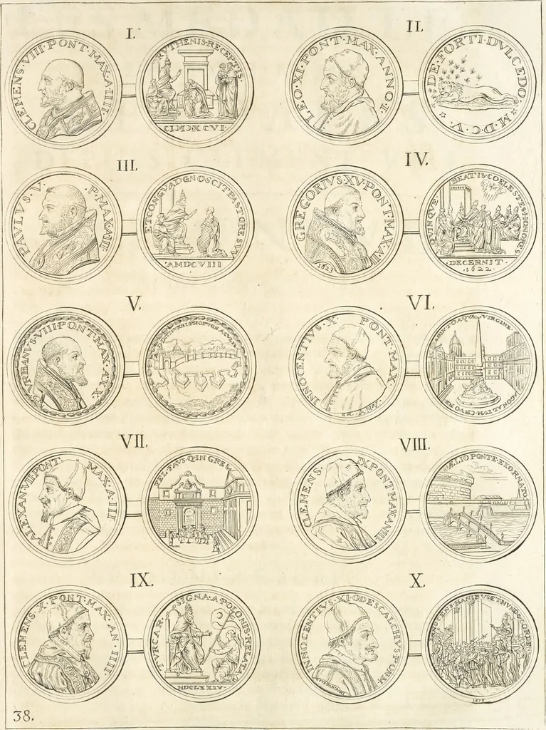 An illustration from Le cabinet de la Bibliotheque de Sainte Genevieve : divisé en deux parties : contenant les antiquitez de la réligion des chrétiens, des Egyptiens, & des Romains; des tombeaux, des poids & des médailles; de monnoyes, des pierres antiques gravées, & des mineraux ..., 1692, leaf 264