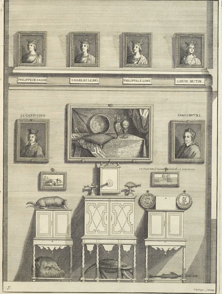 An illustration from Le cabinet de la Bibliotheque de Sainte Genevieve : divisé en deux parties : contenant les antiquitez de la réligion des chrétiens, des Egyptiens, & des Romains; des tombeaux, des poids & des médailles; de monnoyes, des pierres antiques gravées, & des mineraux ..., 1692, leaf 32