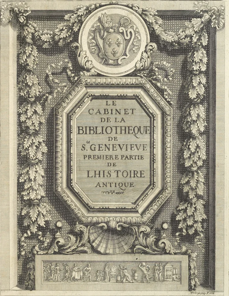 An illustration from Le cabinet de la Bibliotheque de Sainte Genevieve : divisé en deux parties : contenant les antiquitez de la réligion des chrétiens, des Egyptiens, & des Romains; des tombeaux, des poids & des médailles; de monnoyes, des pierres antiques gravées, & des mineraux ..., 1692, leaf 4