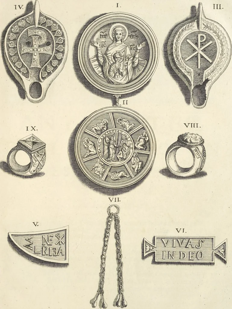 An illustration from Le cabinet de la Bibliotheque de Sainte Genevieve : divisé en deux parties : contenant les antiquitez de la réligion des chrétiens, des Egyptiens, & des Romains; des tombeaux, des poids & des médailles; de monnoyes, des pierres antiques gravées, & des mineraux ..., 1692, leaf 40