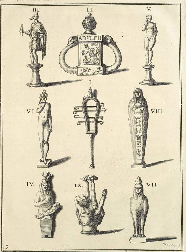 An illustration from Le cabinet de la Bibliotheque de Sainte Genevieve : divisé en deux parties : contenant les antiquitez de la réligion des chrétiens, des Egyptiens, & des Romains; des tombeaux, des poids & des médailles; de monnoyes, des pierres antiques gravées, & des mineraux ..., 1692, leaf 48