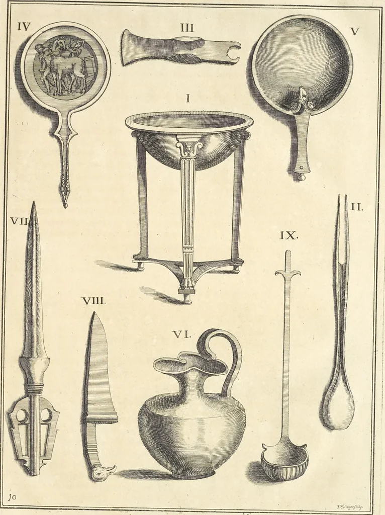 An illustration from Le cabinet de la Bibliotheque de Sainte Genevieve : divisé en deux parties : contenant les antiquitez de la réligion des chrétiens, des Egyptiens, & des Romains; des tombeaux, des poids & des médailles; de monnoyes, des pierres antiques gravées, & des mineraux ..., 1692, leaf 60