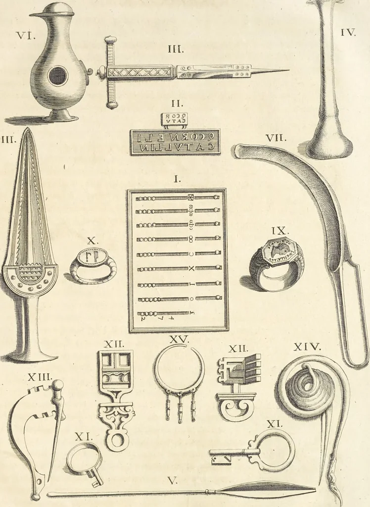 An illustration from Le cabinet de la Bibliotheque de Sainte Genevieve : divisé en deux parties : contenant les antiquitez de la réligion des chrétiens, des Egyptiens, & des Romains; des tombeaux, des poids & des médailles; de monnoyes, des pierres antiques gravées, & des mineraux ..., 1692, leaf 68
