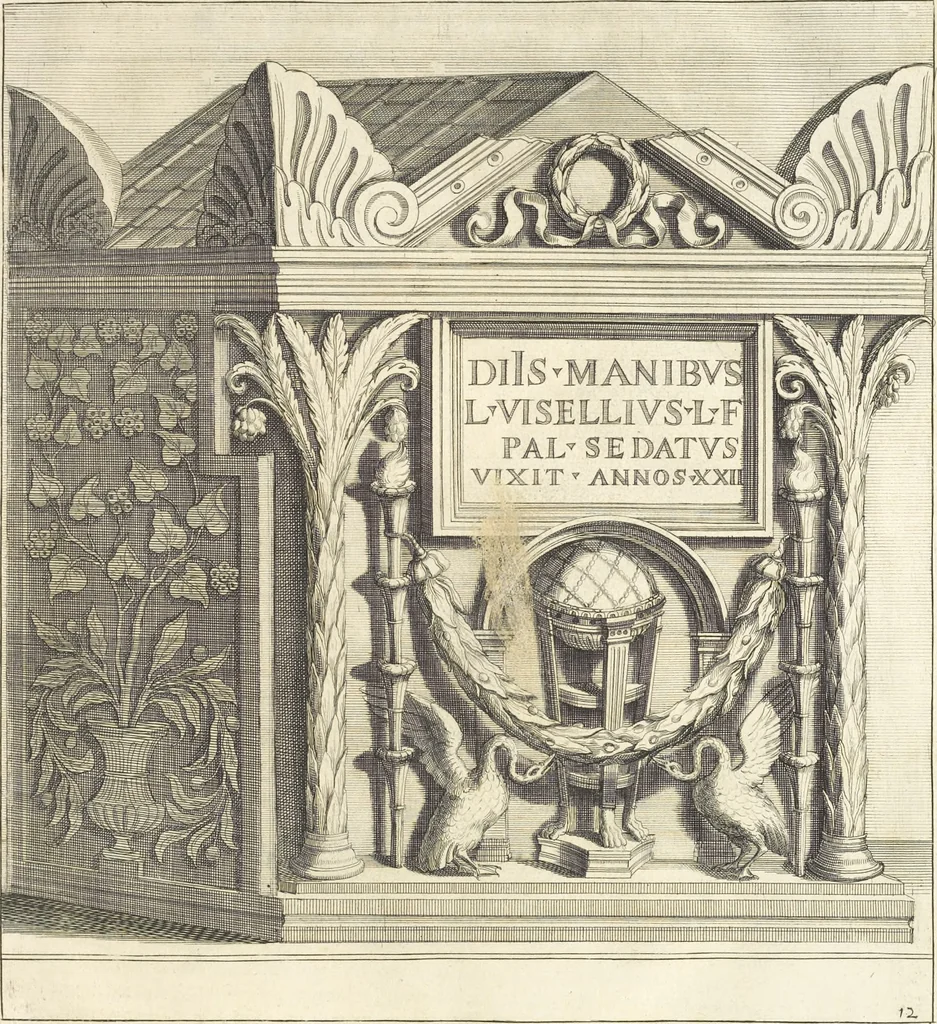 An illustration from Le cabinet de la Bibliotheque de Sainte Genevieve : divisé en deux parties : contenant les antiquitez de la réligion des chrétiens, des Egyptiens, & des Romains; des tombeaux, des poids & des médailles; de monnoyes, des pierres antiques gravées, & des mineraux ..., 1692, leaf 82