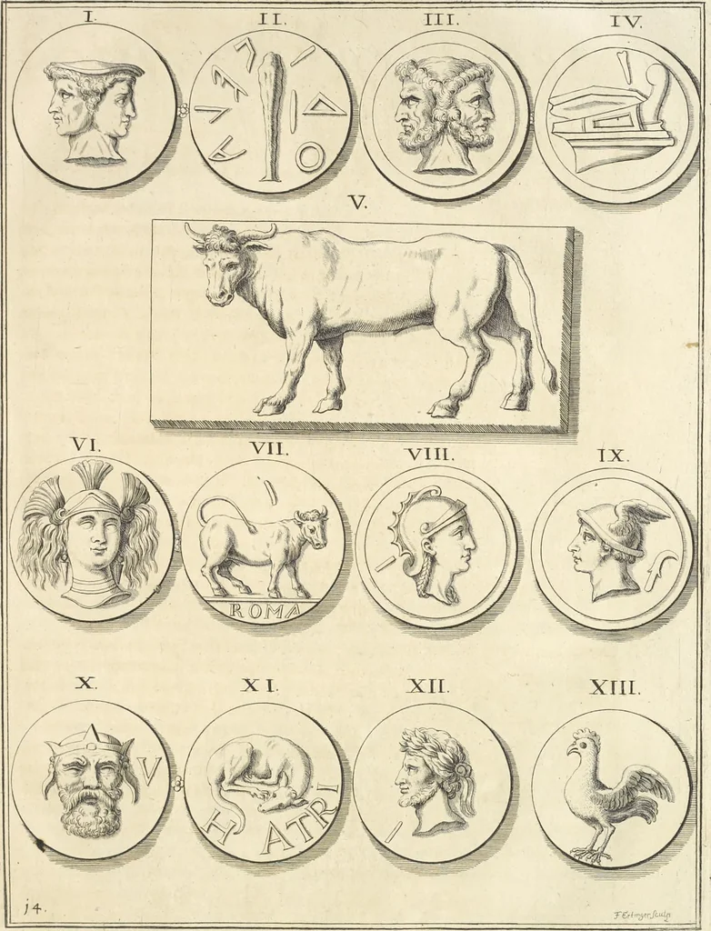 An illustration from Le cabinet de la Bibliotheque de Sainte Genevieve : divisé en deux parties : contenant les antiquitez de la réligion des chrétiens, des Egyptiens, & des Romains; des tombeaux, des poids & des médailles; de monnoyes, des pierres antiques gravées, & des mineraux ..., 1692, leaf 96