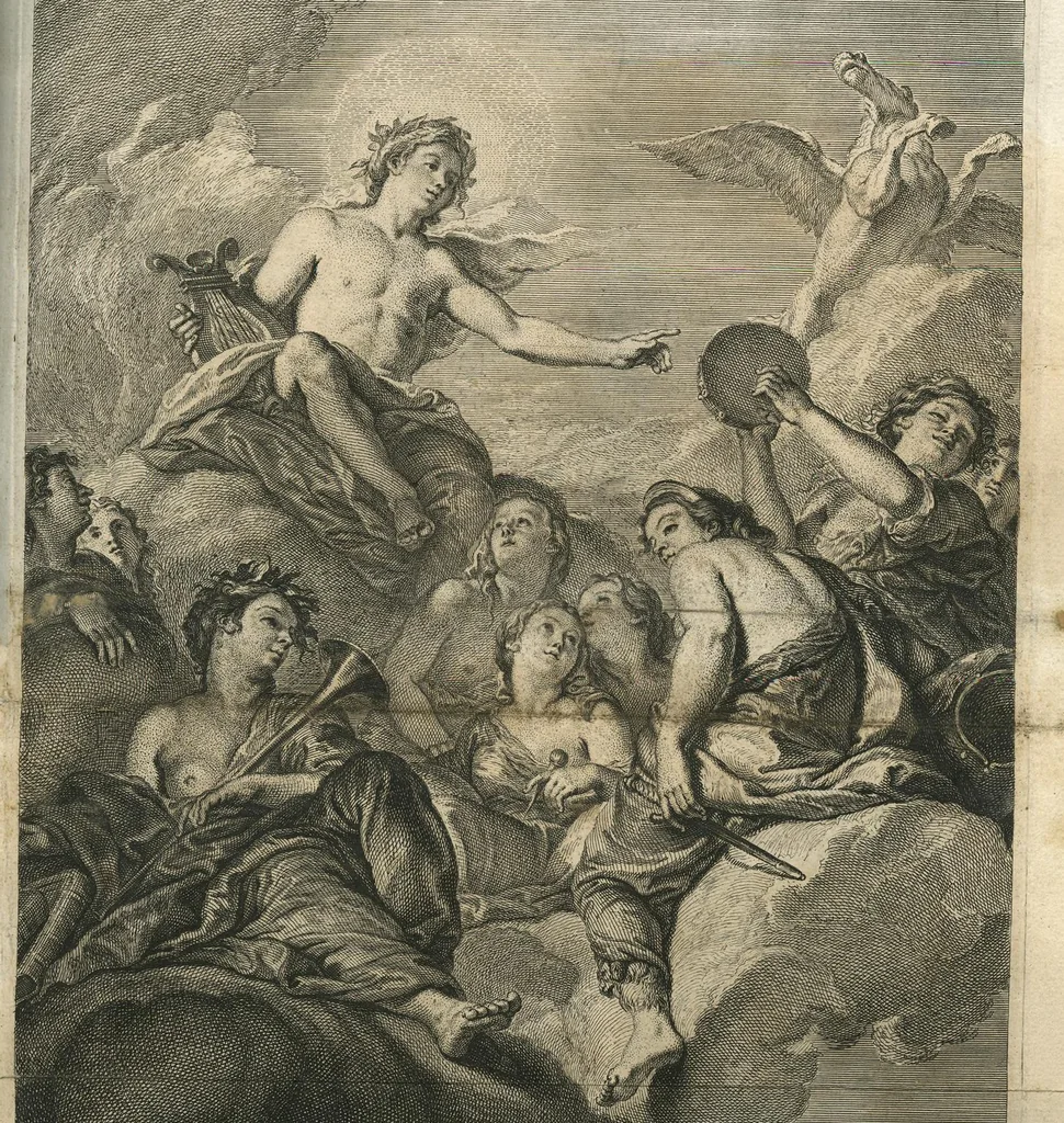 An illustration from Le Cabinet des Beaux Arts, ou, Recueil d'estampes gravés d'après les tableaux d'un plafond ou les beaux arts sont representées : avec explication de ces mêmes tableaux, 1690, leaf 20